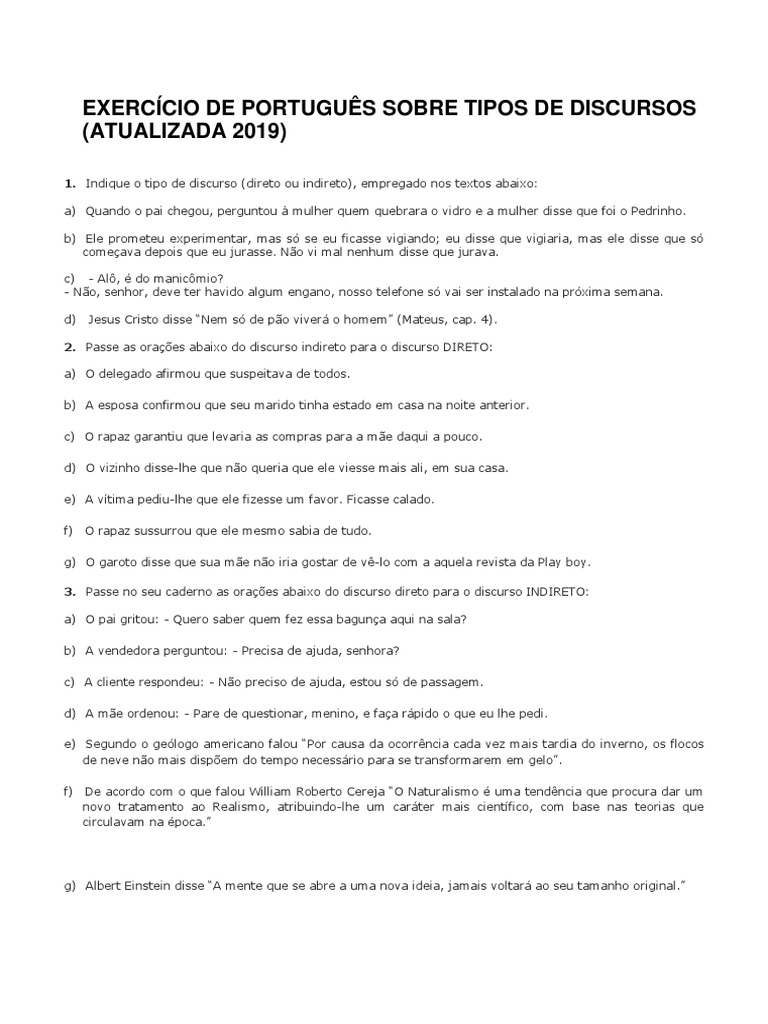 Exercícios de Discurso Direto e Indireto | PDF