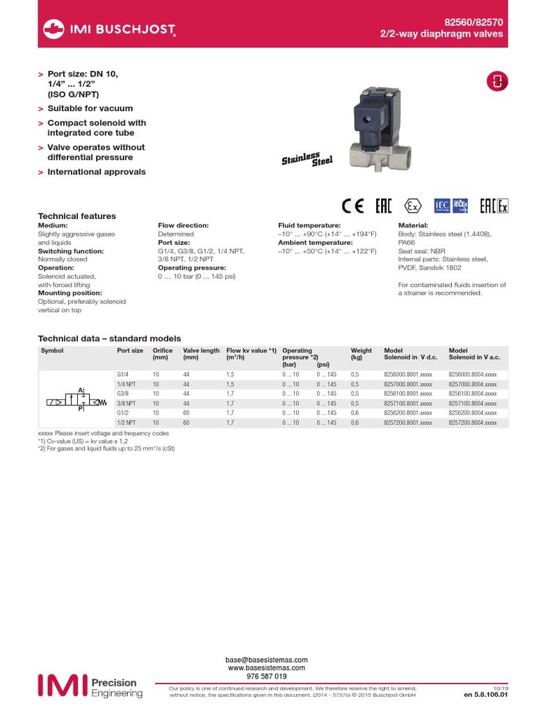 Valvula Solenoide Buschjost 82560 | PDF | Valve | Alternating Current
