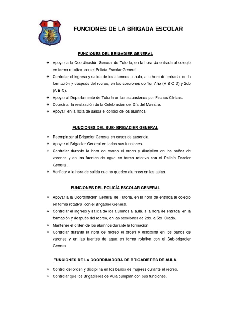 Funciones Brigada Escolar PDF | PDF