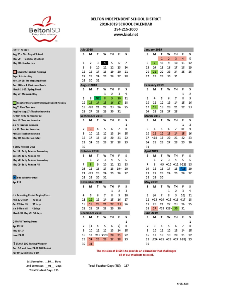 Belton Independent School District 2018-2019 SCHOOL CALENDAR 254-215-2000 |  PDF | Observances | Holidays