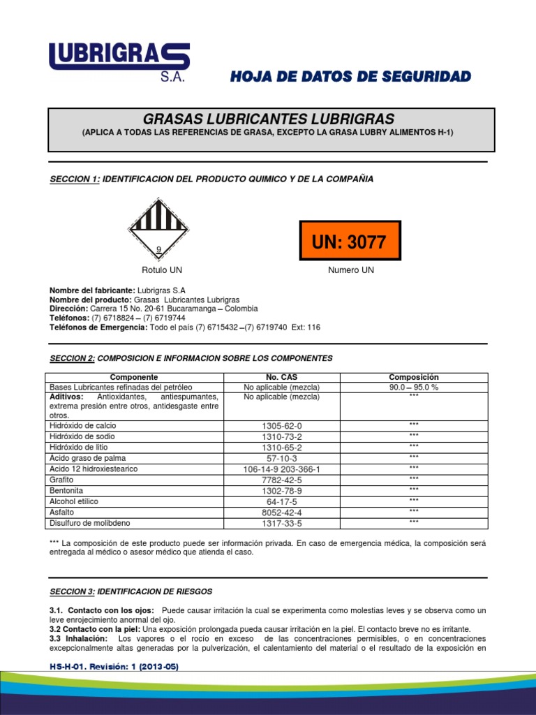 Hoja de Seguridad Grasas Lubricantes PDF Oxígeno Carbón