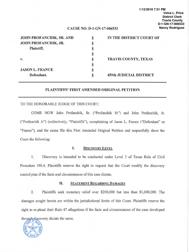 Profanchik V France Plaintiffs First Amended Original Petition Defamation Discovery Law