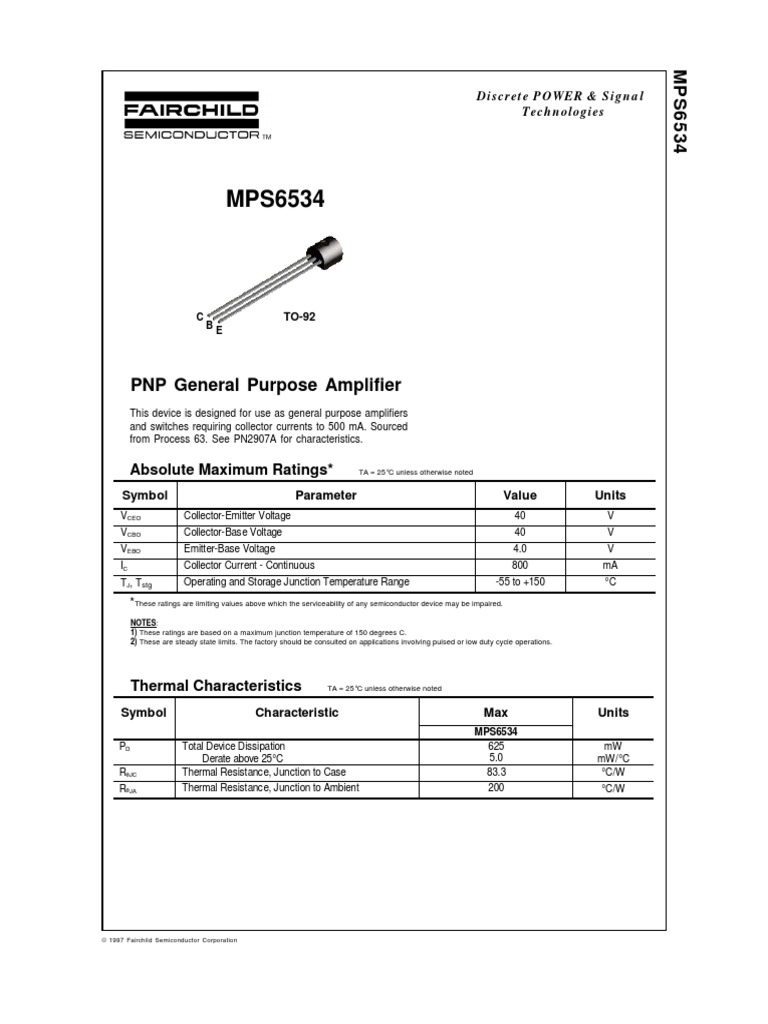 MPS6534 Fairchild Semiconductor | PDF | Bipolar Junction Transistor ...