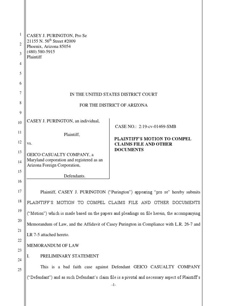 Plaintiff's Motion To Compel Defendant's Claim File and Other Documents