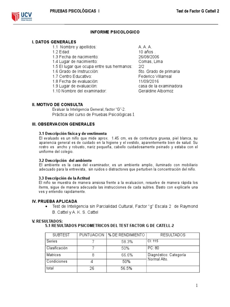 Informe Test Factor G Cattell 2 | PDF | Cociente de inteligencia ...