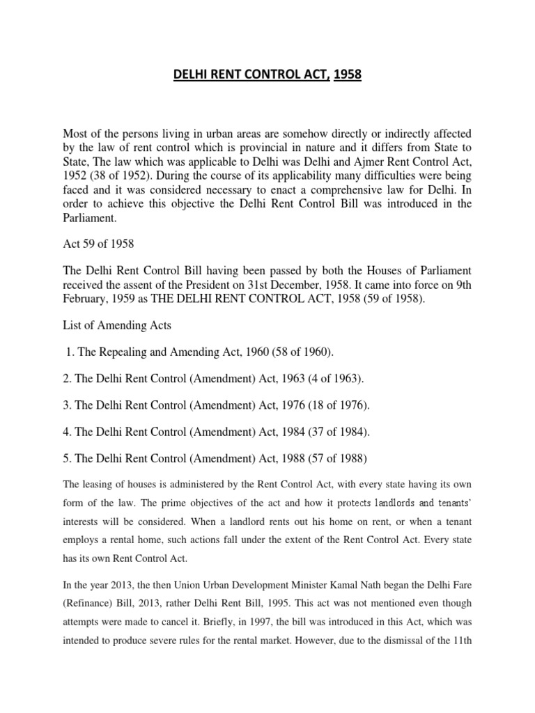 Delhi Rent Control Act, 1958 PDF Landlord Rent Regulation
