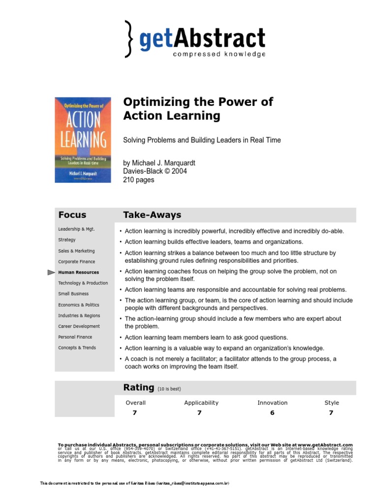 Action Learning Optimizing The Power of Action Learning Marquardt | PDF ...