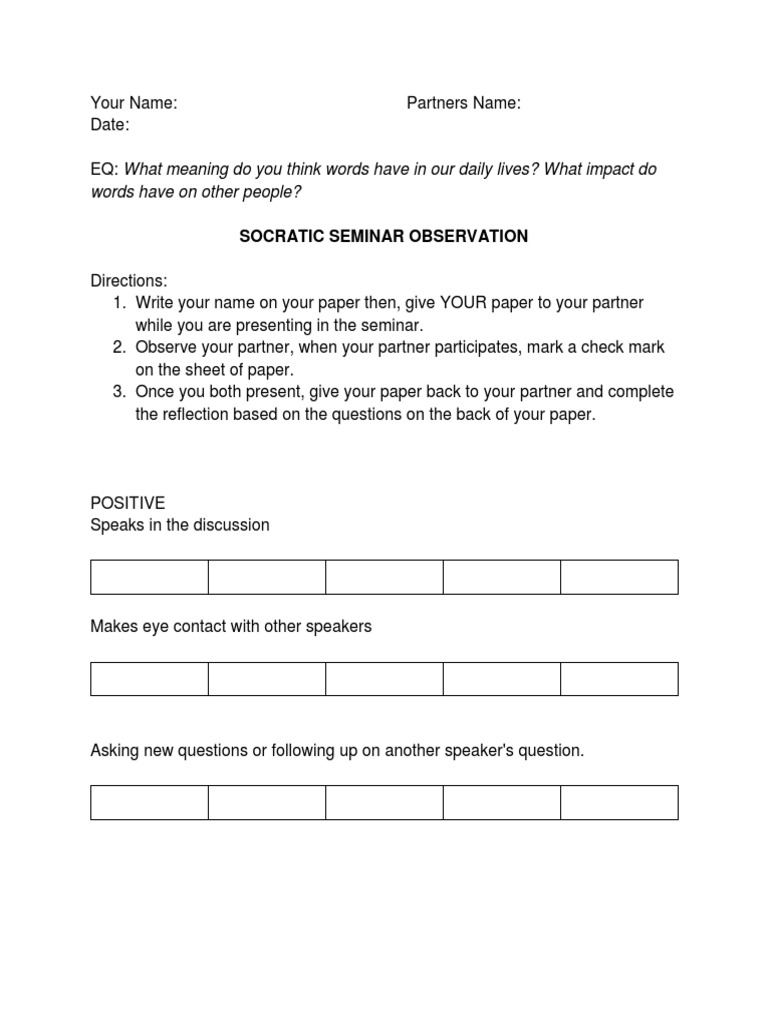 Socratic Seminar Observation Guide | PDF