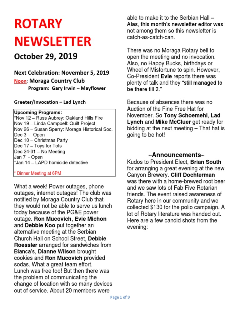 Moraga Rotary Newsletter Oct 29 - 2019 | PDF | Business