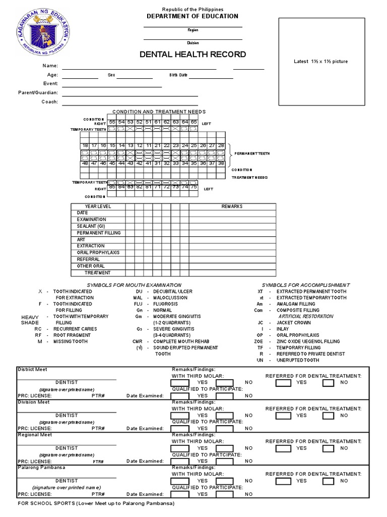 Dental Health Record Department of Education PDF Dentistry Tooth