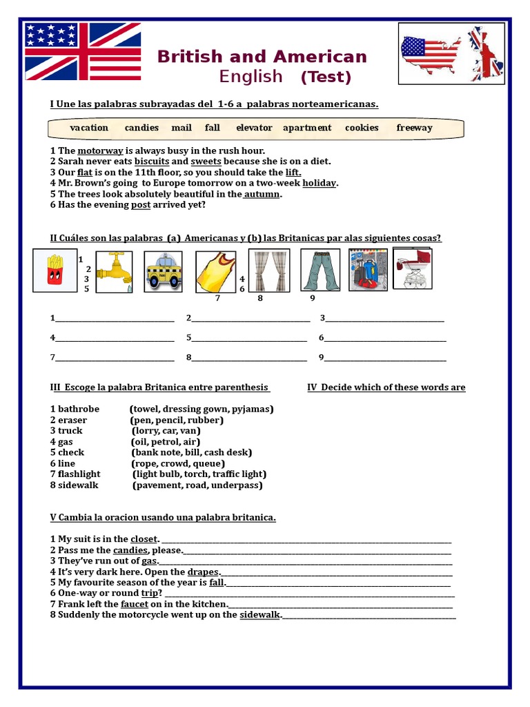 British vs American English Vocabulary Test | PDF | Clothing | Road ...