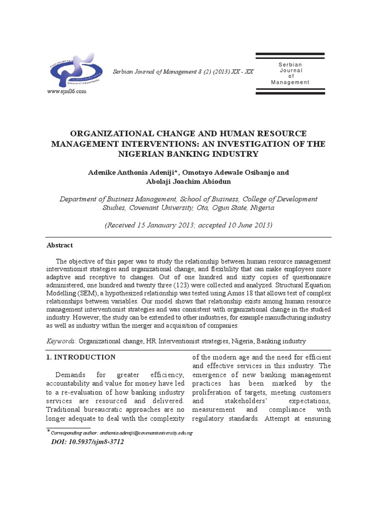 Organizational Change and Human Resource Mannagement Interventions PDF Change Management