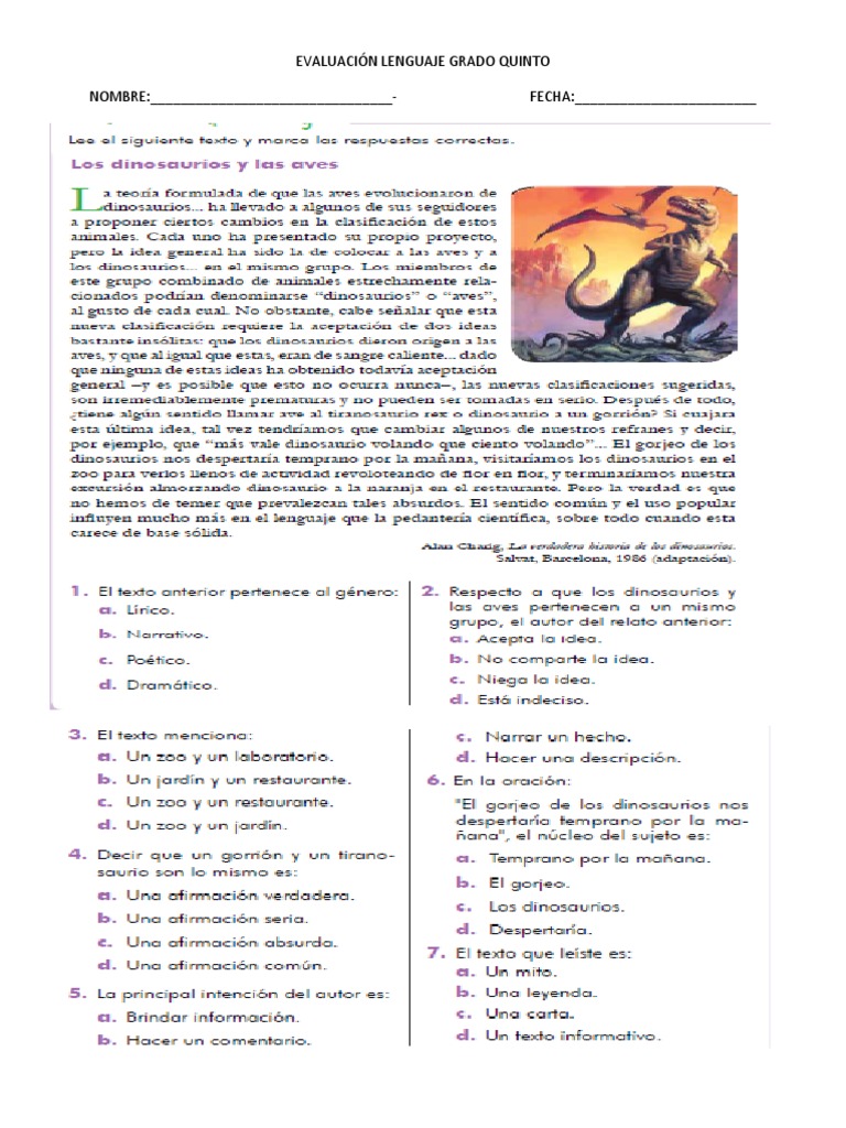 Evaluación Lenguaje Grado Quinto | PDF | Crecimiento personal y profesional
