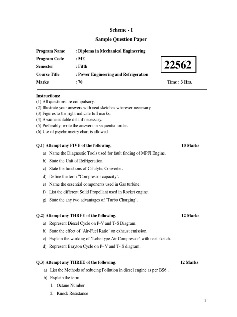 Power Engineering and Refrigeration Sample Question Paper (Msbte Study