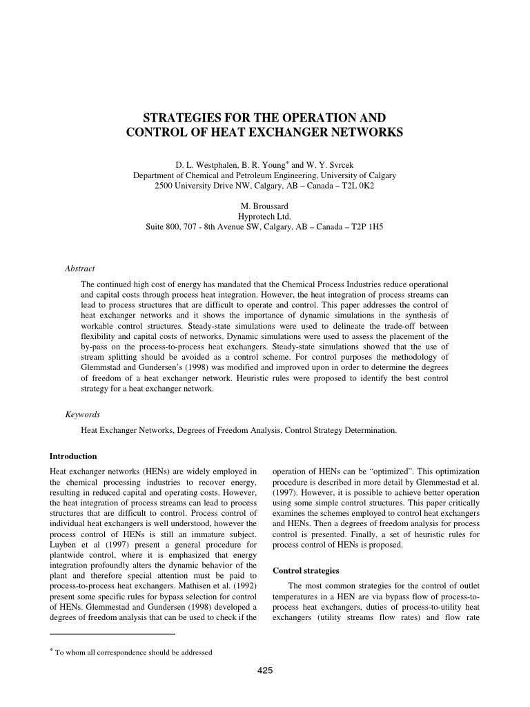 Control Strategies for Heat Exchanger Networks | PDF | Heat Exchanger ...