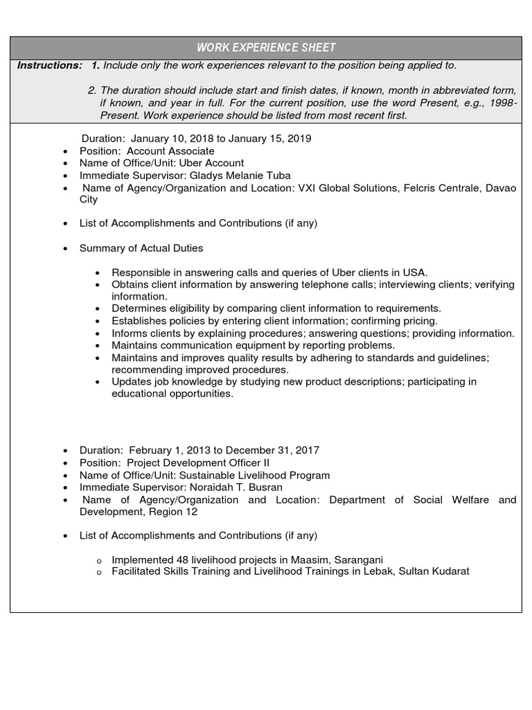 Work Experience Sheet: Instructions: 1. Include Only The Work ...