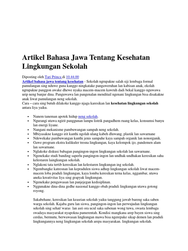 Artikel Bahasa Jawa Tentang Kesehatan Lingkungan Sekolah