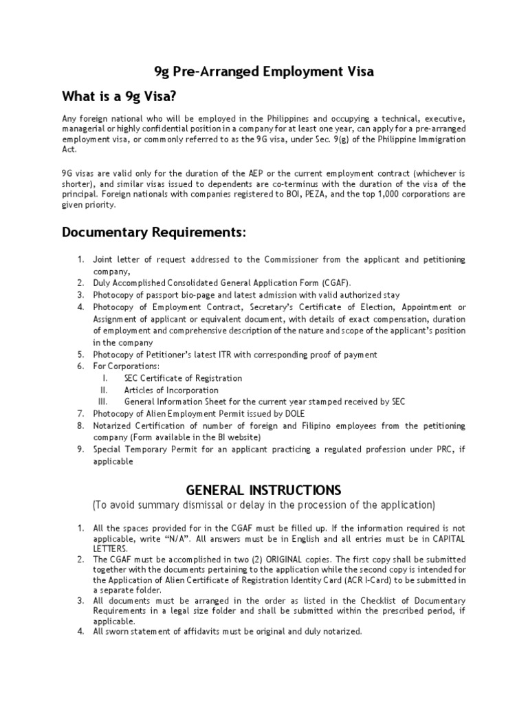 9g Pre-Arranged Employment Visa What Is A 9g Visa? | Download Free PDF ...