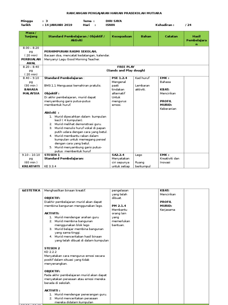 RPH Harian Prasekolah Tema Diri Saya | PDF