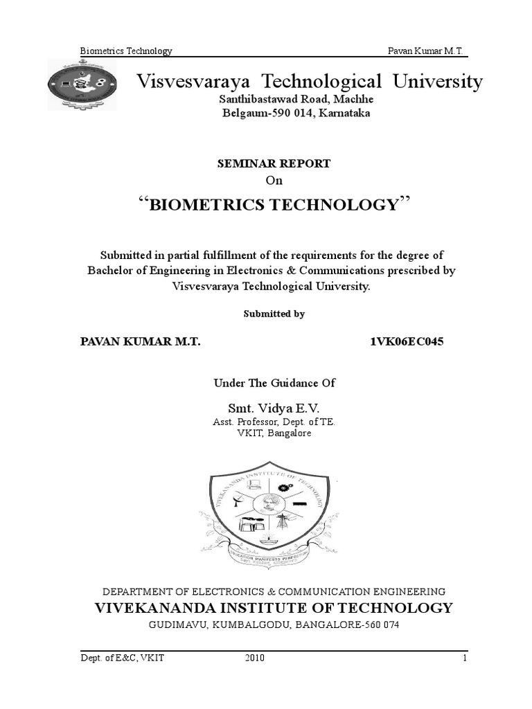 Biometrics Technology Seminar Report by Pavan Kumar M T PDF