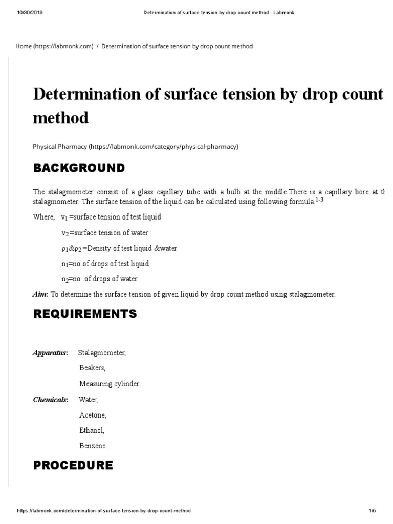 Determination of Surface Tension by Drop Count Method Labmonk