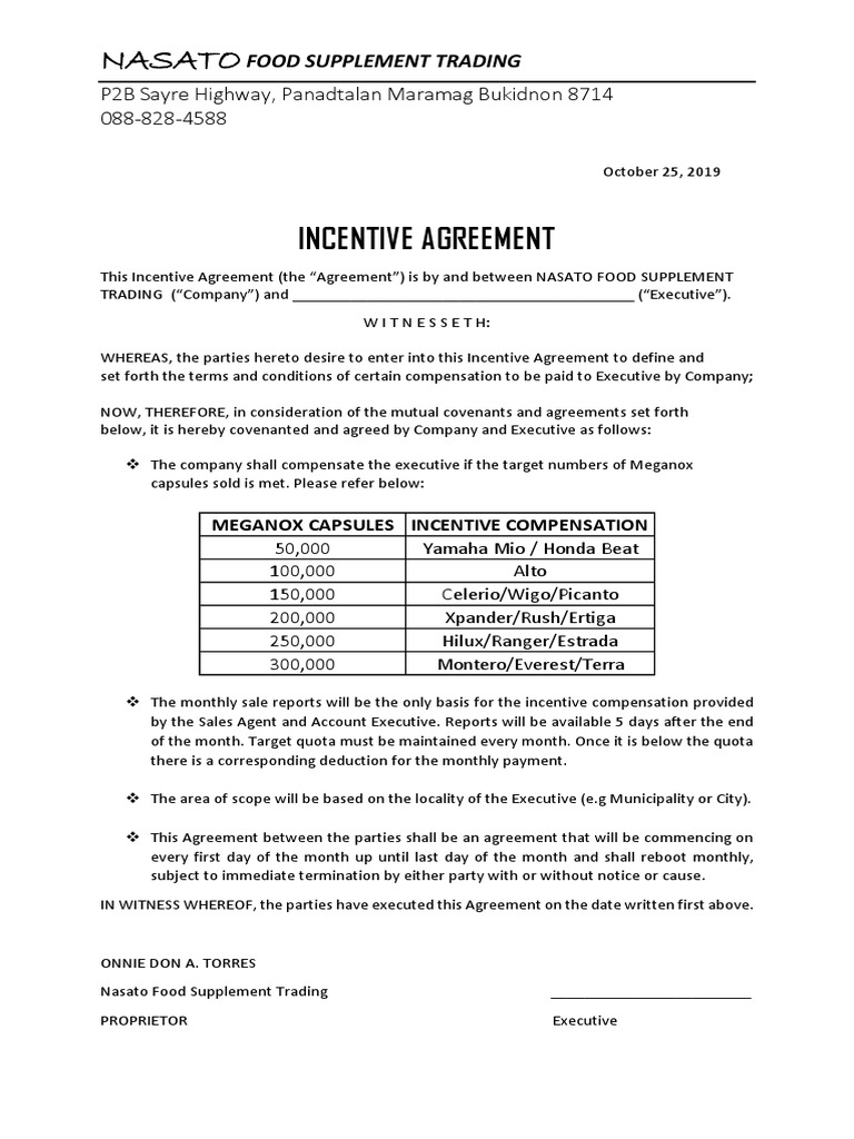 Incentive Agreement for Sales Executives | PDF | Finance & Money ...