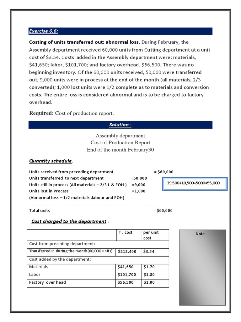 Cost of Production Report for the Assembly Department Analyzing Unit