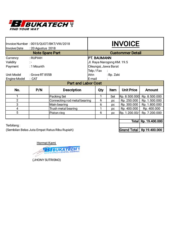 Invoice for Grove RT 855B Parts | PDF