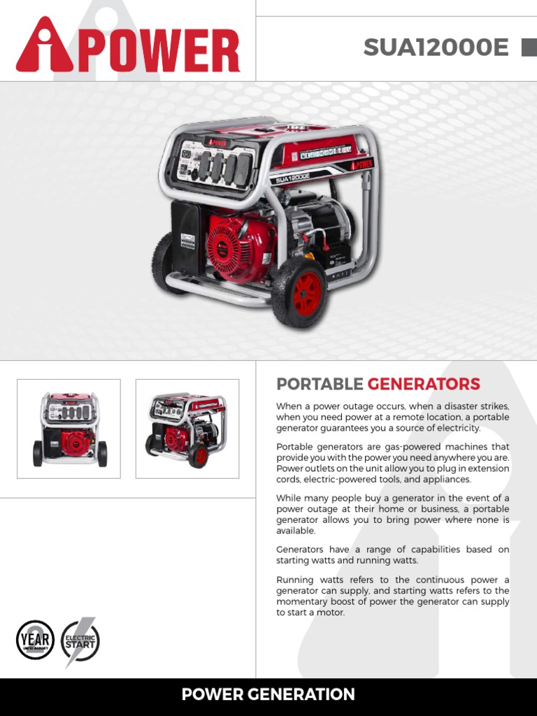 SUA12000E AIpower Portable Generator 12VDC Outlet 2018 Spec Sheet