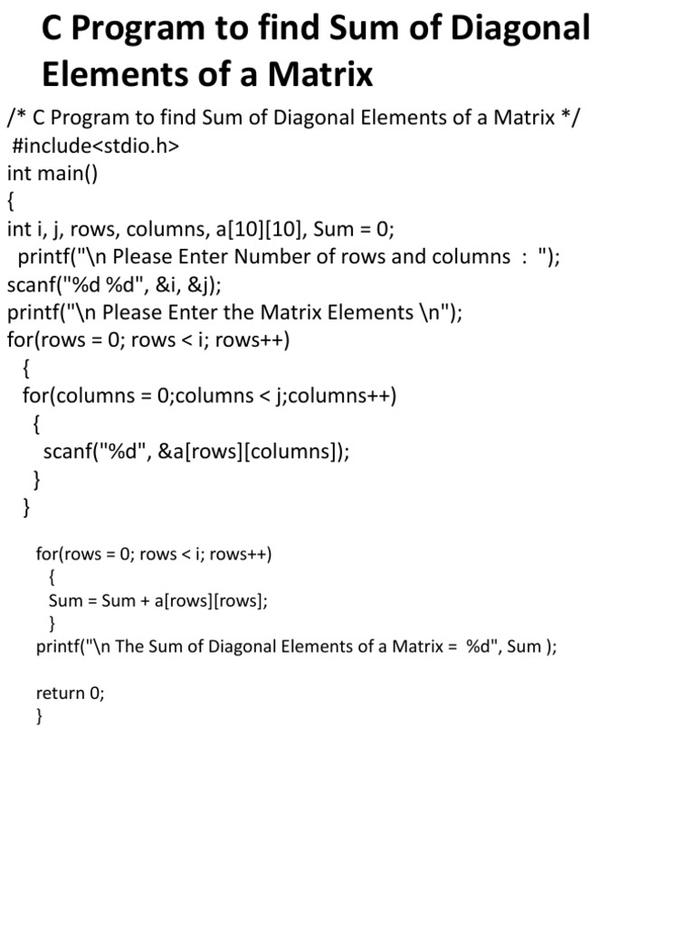 C Program To Find Sum of Diagonal Elements | PDF