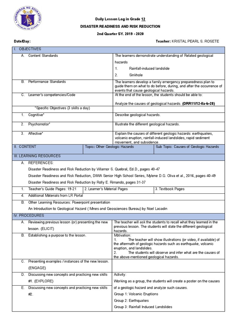 Grade 12 DRRR Lesson Plan: Geologic Hazards | PDF | Concept | Hazards