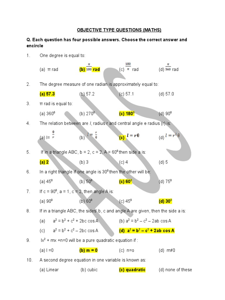 Objective Math Questions and Answers | PDF | Fraction (Mathematics ...