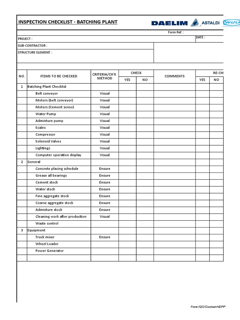 Inspection Checklist Batching Plant Form Ref. Project Sub