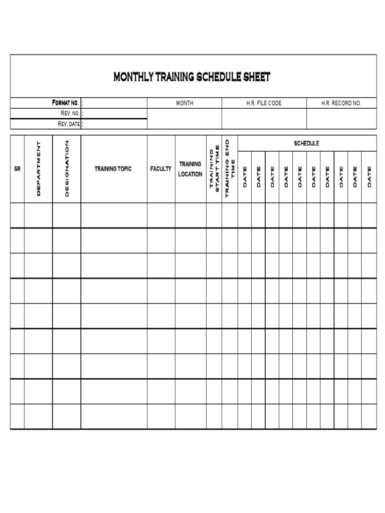 Monthly Training Schedule Sheet