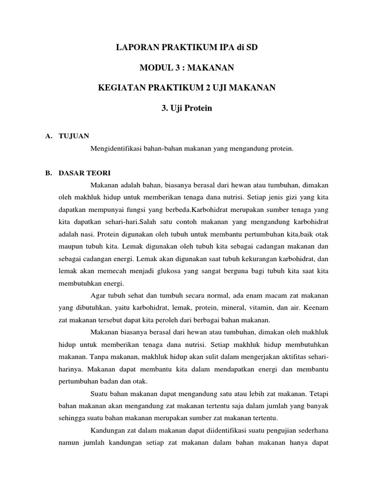Laporan Praktikum Ipa Di Sd Modul 3 Makanan Kegiatan Praktikum 2 Uji Makanan 3 Uji Protein