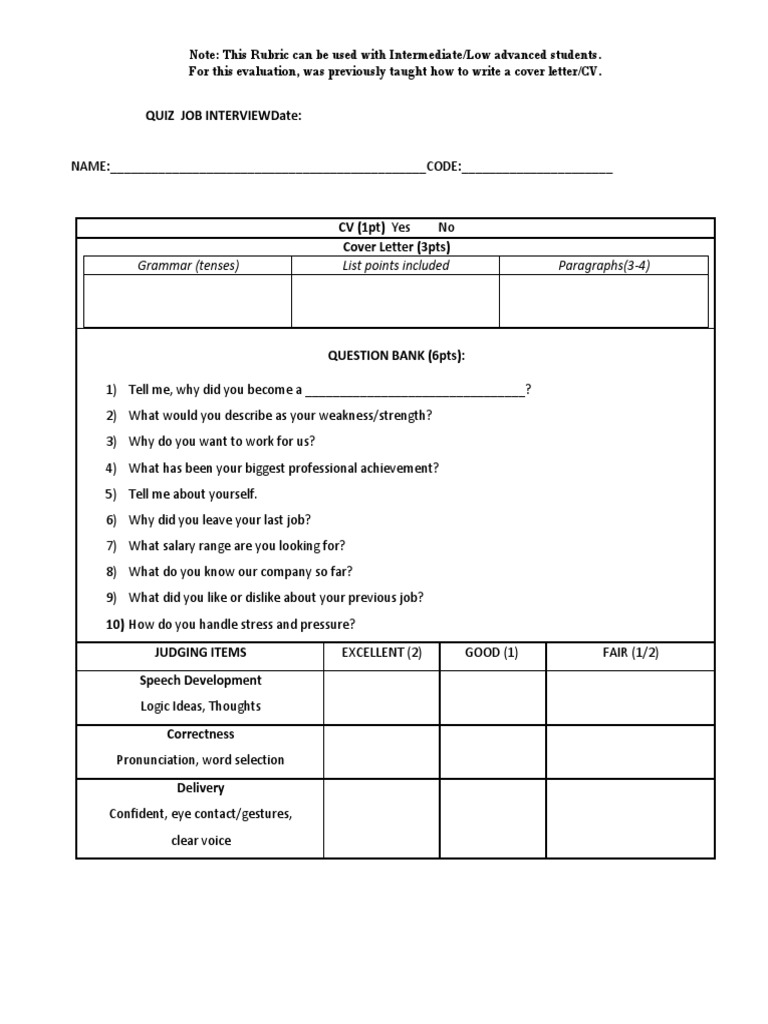 Job Interview Evaluation Rubric | PDF