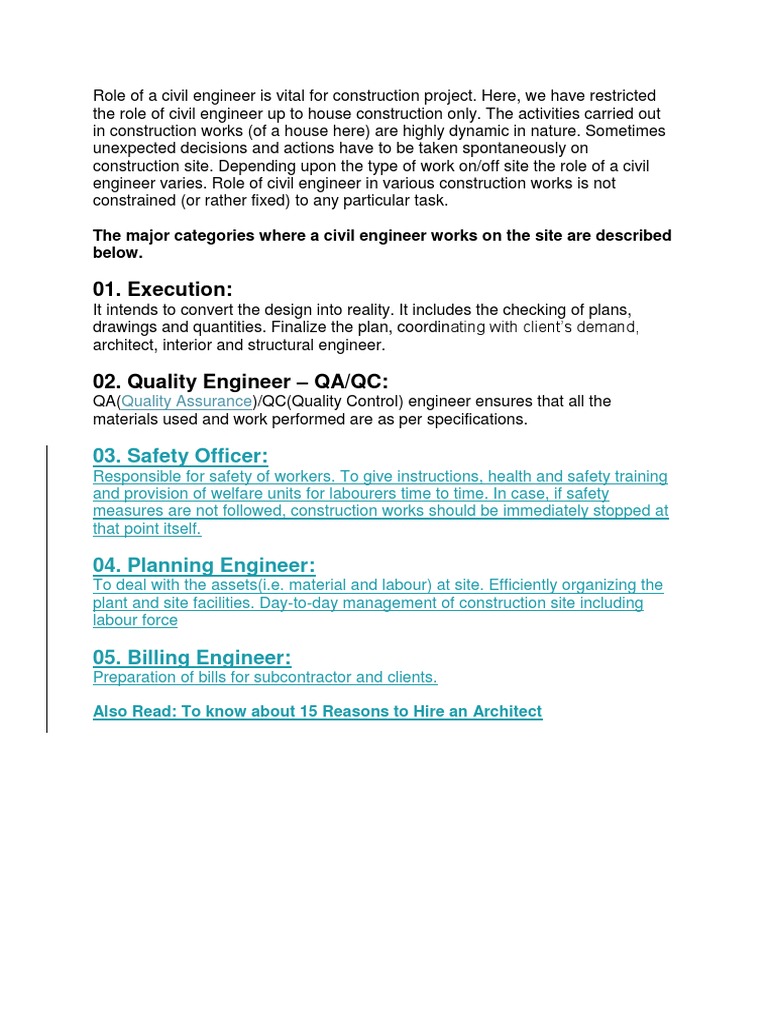 Civil Engineer's Role in House Construction | PDF | Architect ...