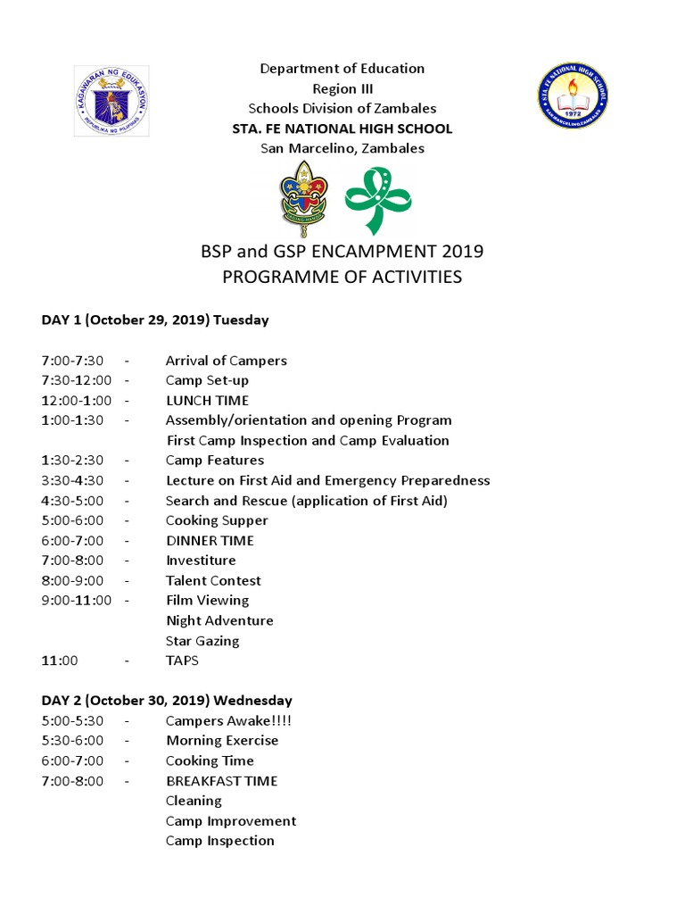 BSP and GSP Encampment 2019 Schedule | PDF | Cooking, Food & Wine