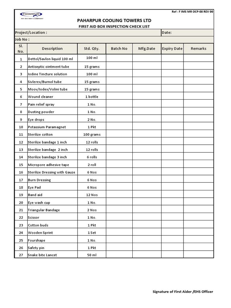 IMS08 First Aid Box Checklist PDF
