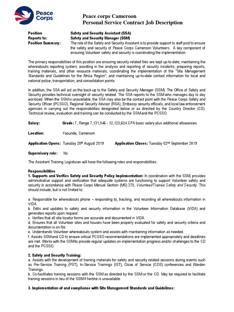 SOW Safety and Security Assistant 2019 | PDF | Peace Corps | Emergency ...