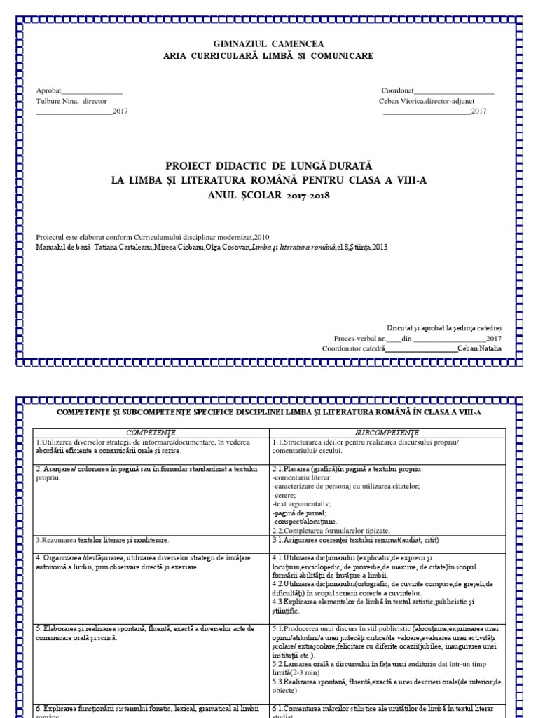 Proiect de Lunga Durata Limba Romana | PDF