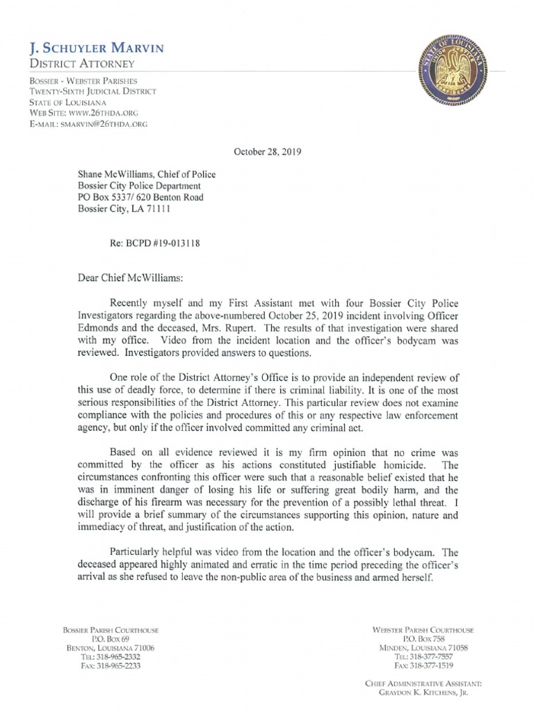 Letter From District Attorney Schuyler Marvin