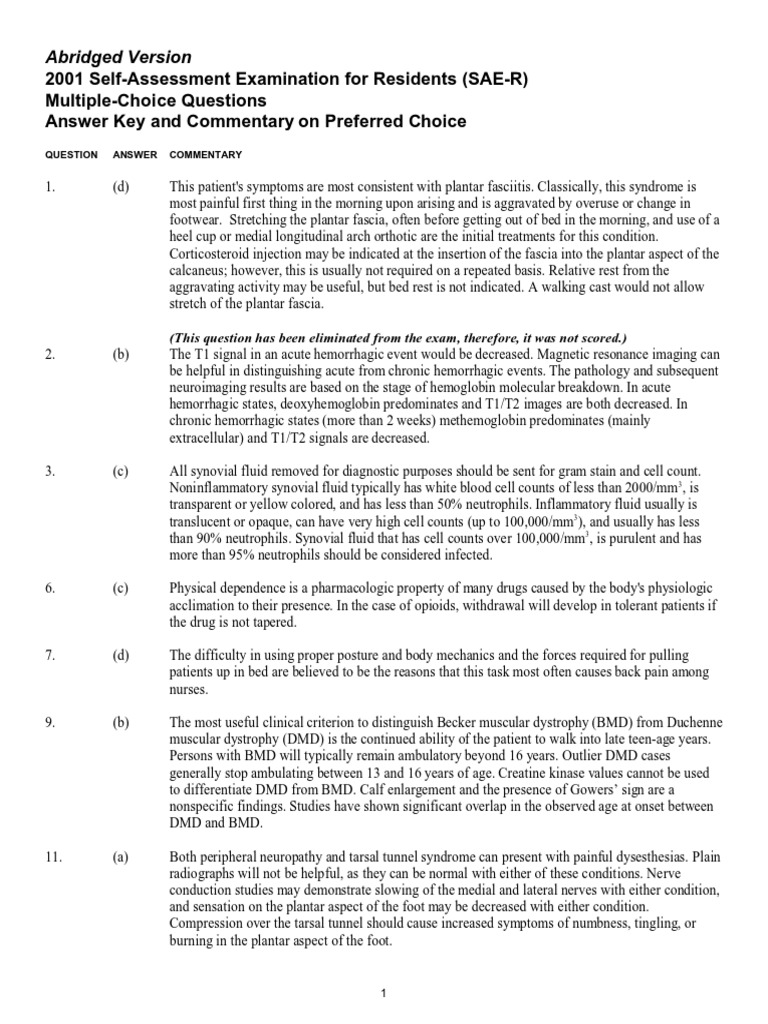 2001 SelfAssessment Examination For Residents (SAER) MultipleChoice