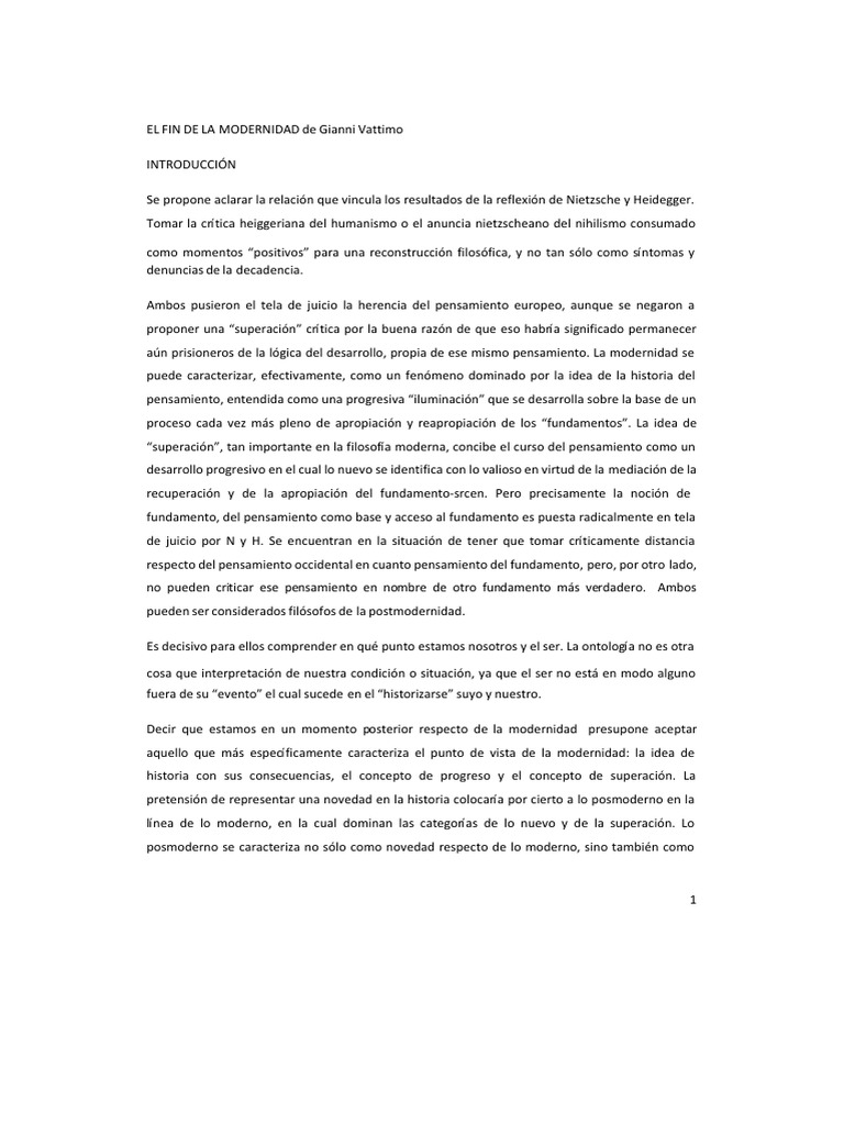 Resumen El Fin de La Modernidad VATTIMO PDF Verdad Esencia