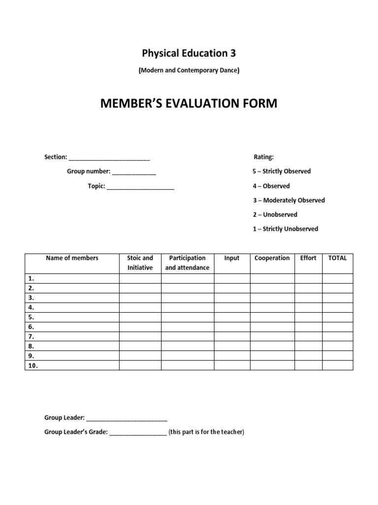 Member'S Evaluation Form: Physical Education 3 | PDF | Career & Growth ...
