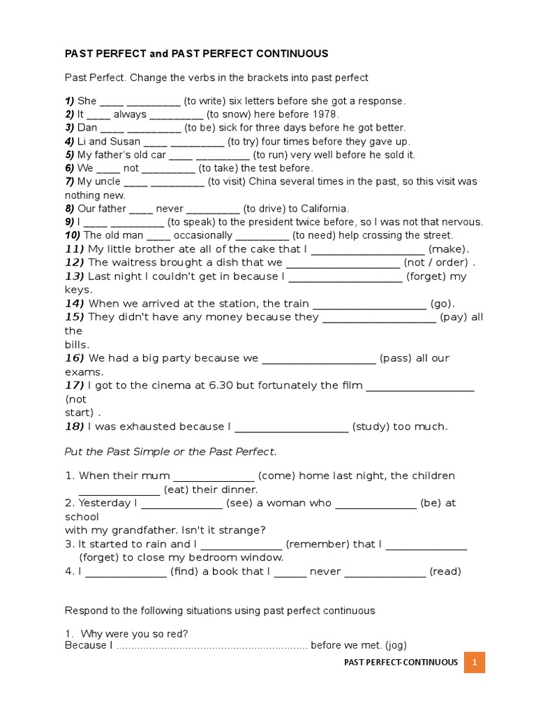 Past Perfect vs. Continuous Exercises | PDF | Language Arts ...