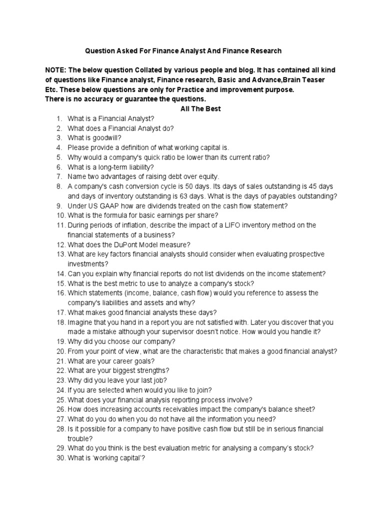 Finance Analyst Interview Questions | PDF | Financial Analyst | Cash ...