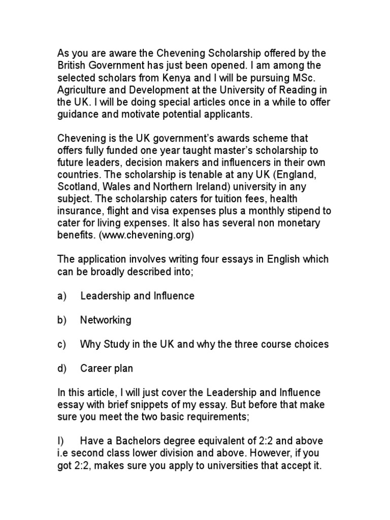 chevening application essay questions