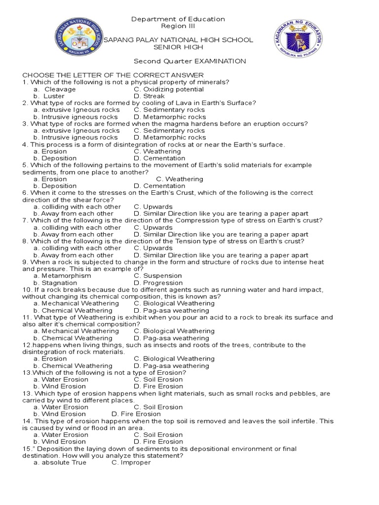 Grade 11 Earth Science 2nd Quarter Exam | PDF | Rock (Geology) | Weathering