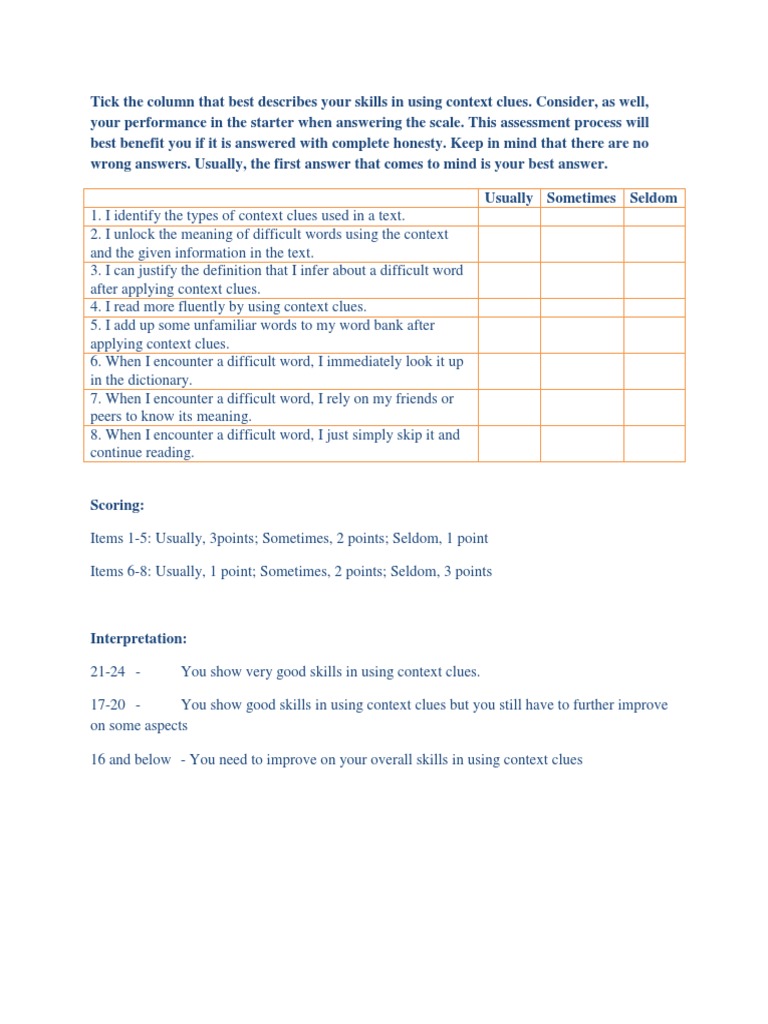 Context Clues Skills Assessment Guide | PDF
